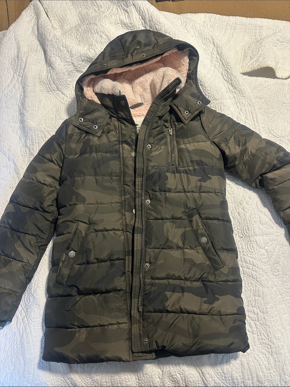 abercrombie kids Camo Puffer Jacket with Pink Sherpa Hood Lining